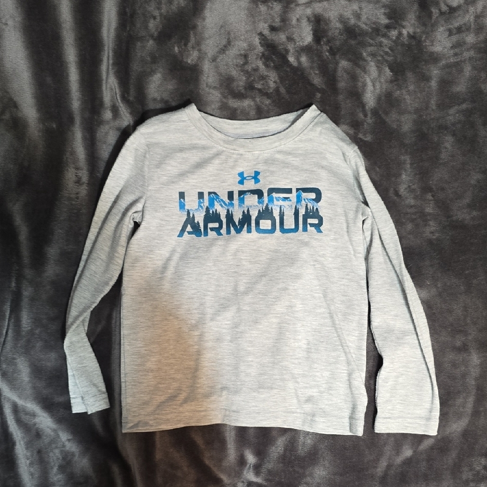 Under Armour Kids Light Gray and Blue Long Sleeve Tee